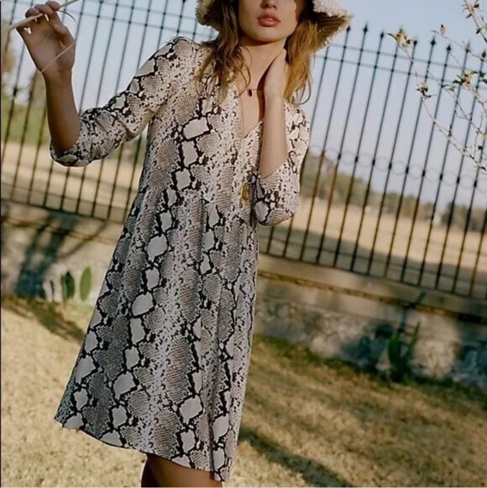 Maeve Snakeskin Print Juno Cream and Brown Sundress Dress Anthropologie